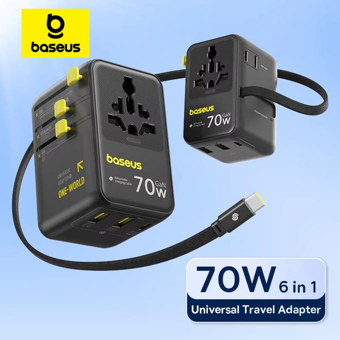 Baseus Universele Reisaansluiting 70W GaN 2 AC-aansluitingen 1 USB 2 Type-C poort intrekbare kabel snellader EU UK US AUS 6-in-1 stekker