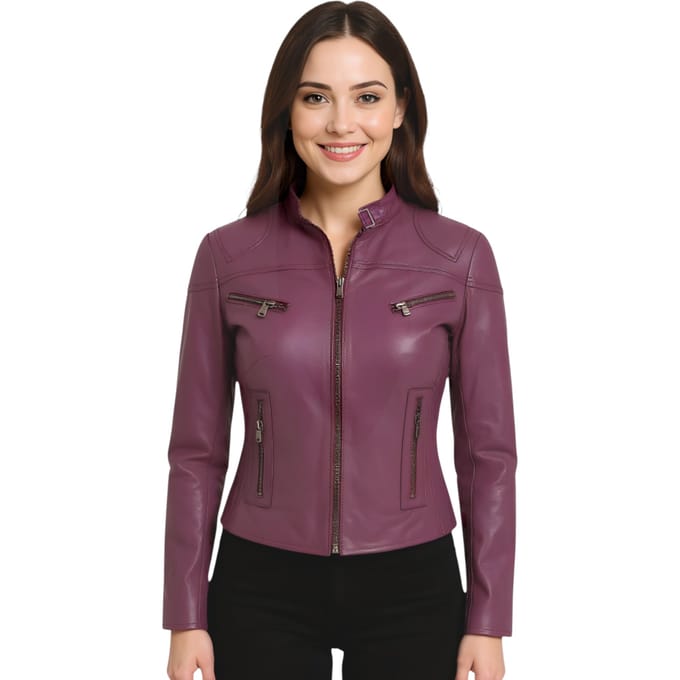 Paarse, casual, slim-fit leren bikerjack voor dames - Tulsa