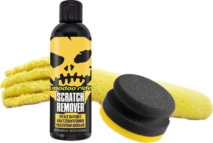 VooDoo Ride Scratch Remover set bestaande uit; Scratchremover 200 ml, Poetsdoekje 40 x40 cm., Handpolijst puk medium.