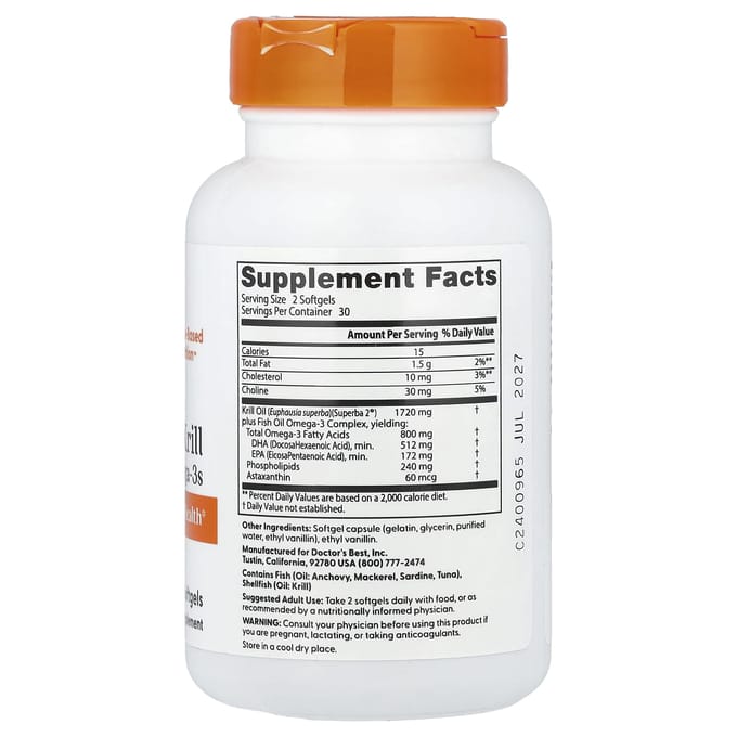 Doctor's Best, Superba Krill Plus Omega-3, enrichi en krill, 60 gélules