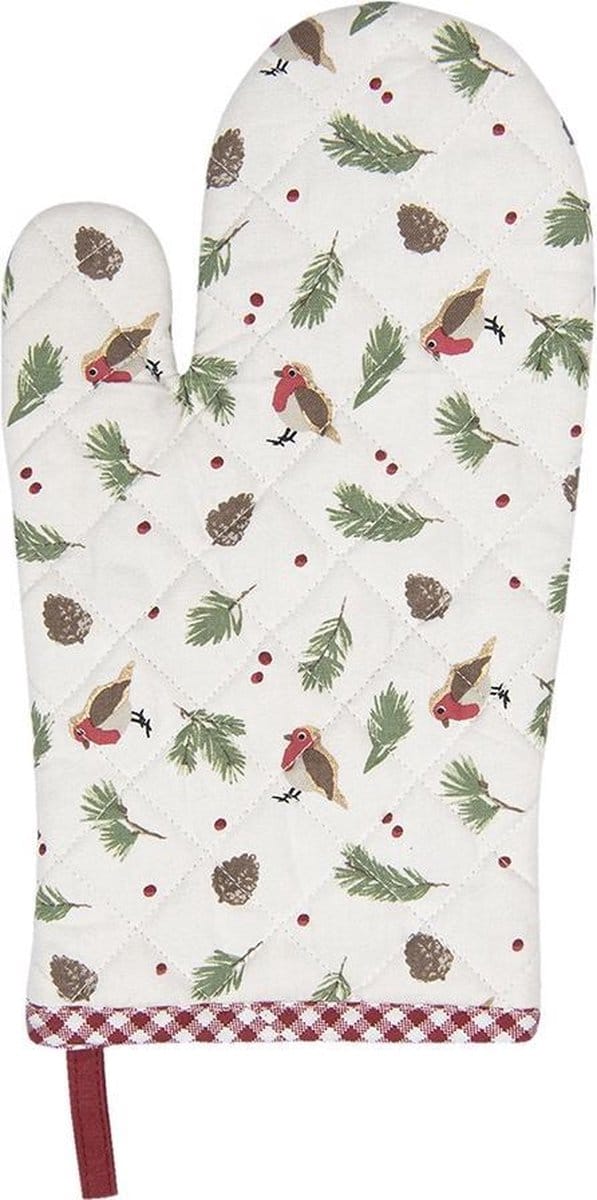 Clayre & Eef Ovenwant 18x30 cm Rood Wit Katoen Vogel Ovenhandschoen