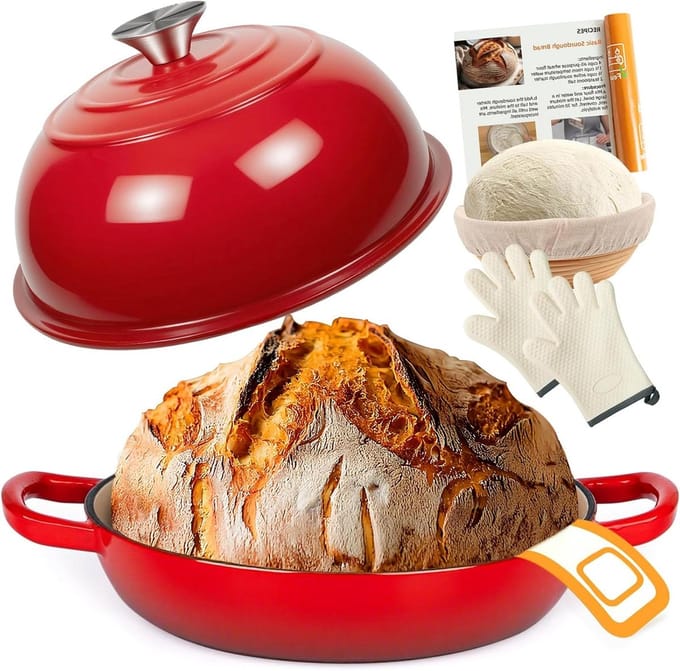 Cast Iron Bread Pans for Bread, 5.7 L Enamel Cast Iron Casserole,26cm Dutch Oven with Lid,Enameled Stew Pan with Rice Basket,Cast Iron Stew Pan for Kitchen, Baking, Stewing & Roasting (Red)