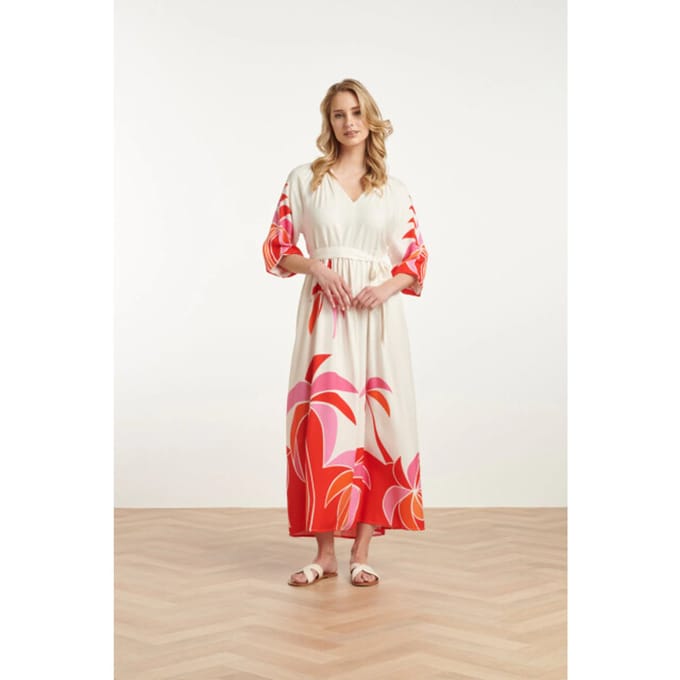 Smashed Lemon 25058 off white flowy maxi jurk met helder palm print |
