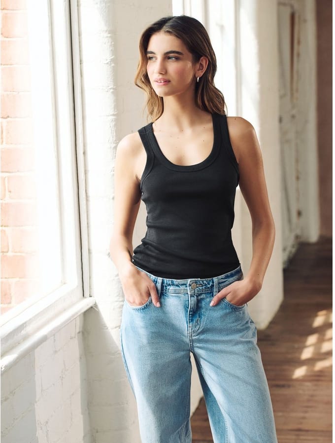 Next - Dames - Premium geribbelde lage mouwloze tanktop - Zwart