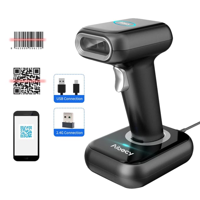 Aibecy Hoge snelheid barcodescanner 1D/2D/QR-codescanner 2.4G draadloze en USB-bekabelde barcodelezer 2.4G & USB(With Base) zwart