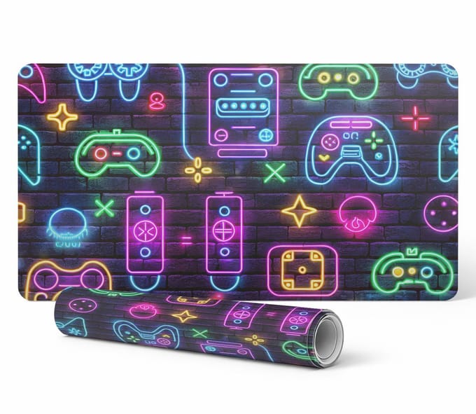 Beschermende bureauonderlegger met neonkleurige afbeeldingen van gamecontrollers, 100x50 cm