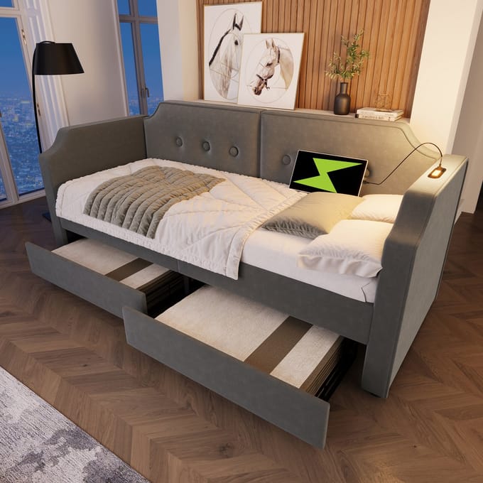 REDOM Eenpersoonsbed 90x200 cm – Fluweel grijs – Met USB-C, leeslamp & 2 lades – Modern