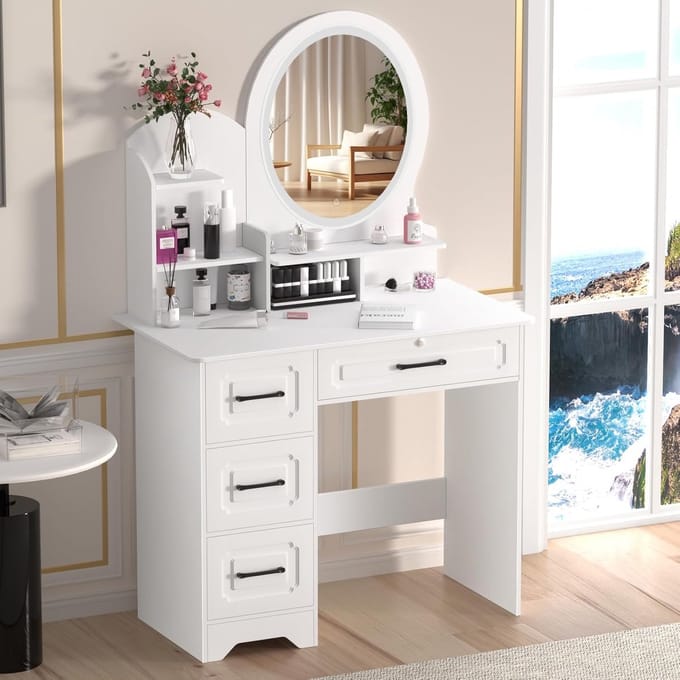 Kaptafel met Verlichting - Make-up Tafel Bureau - Schoonheidsroutine Organiseren - 3 Instelbare Helderheidsniveaus - 80x40x137 cm - Wit