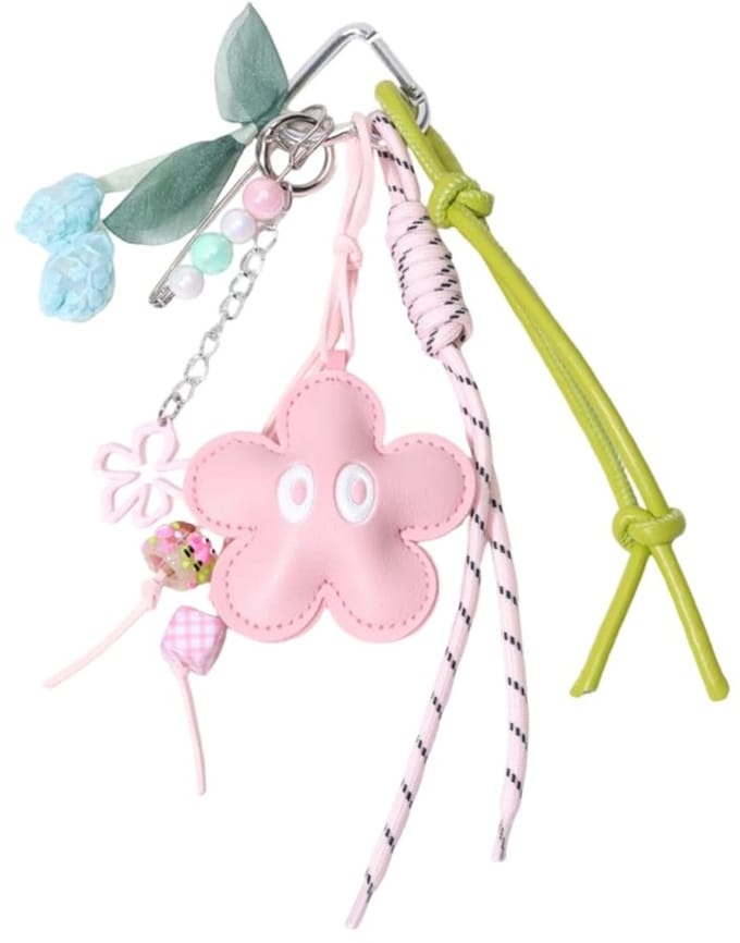 Dailygoods - Set van 7 Bloemen Sleutelhangers in Roze PU Leer