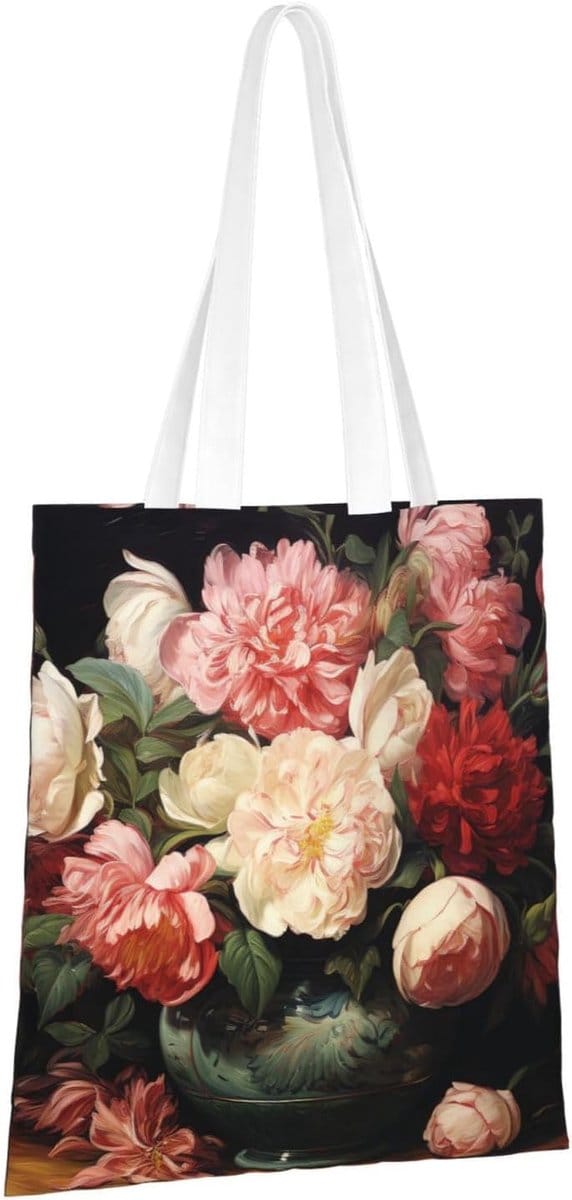 Grote Canvas Tas Schoudertas met Bloemenprint - Herbruikbare Boodschappentas