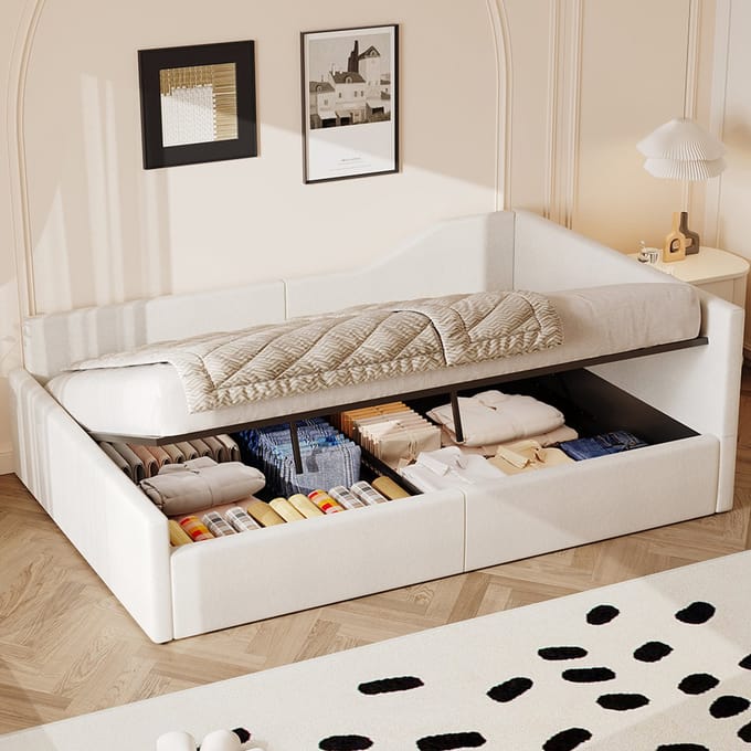 Komhtom Gestoffeerd rustbed 140x200 met opbergruimte onder het bed, beige