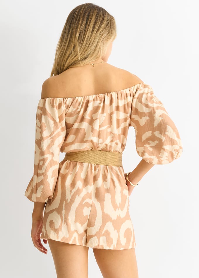 Beige Abstracte Bardot Viscose Playsuit met ceintuur