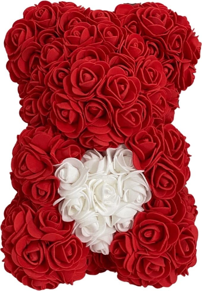 Rozen beer - Rood met Wit Hart - Rose Bear - 25 cm - Inclusief kaartje