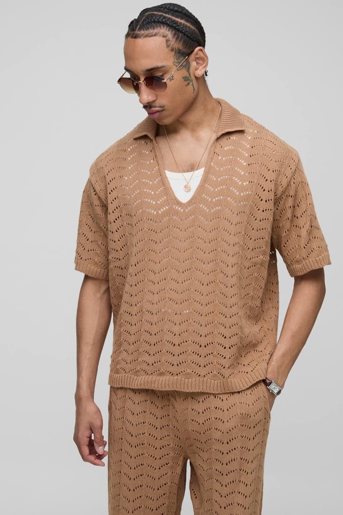 Relaxed Boxy V Neck Texture Knitted Trouser and Polo Set | Taupe | Size Small