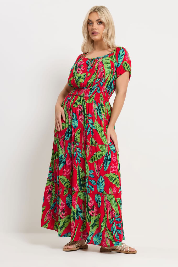 Yours Rood Tropisch Strik Bardot Maxi Jurk Size 44