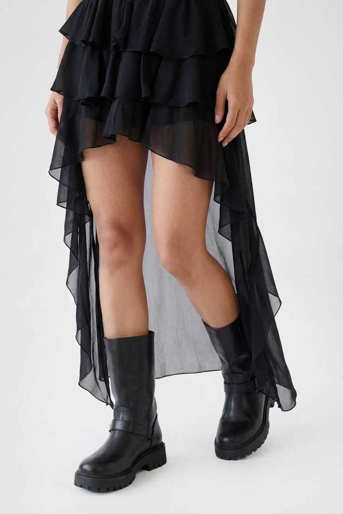 boohoo Dames Chiffon Waterval Hoog-laag Zoom Rok | Zwart | Maat: 38