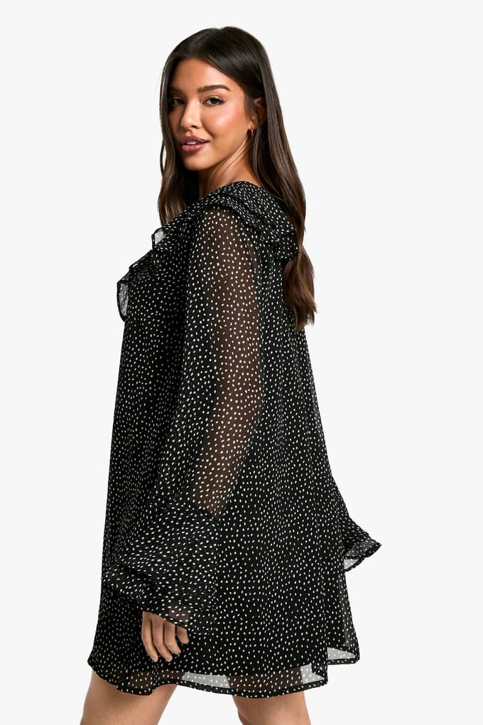boohoo Dames Polkadot Ruffle Shift Mini-jurk | Black | Maat: 10