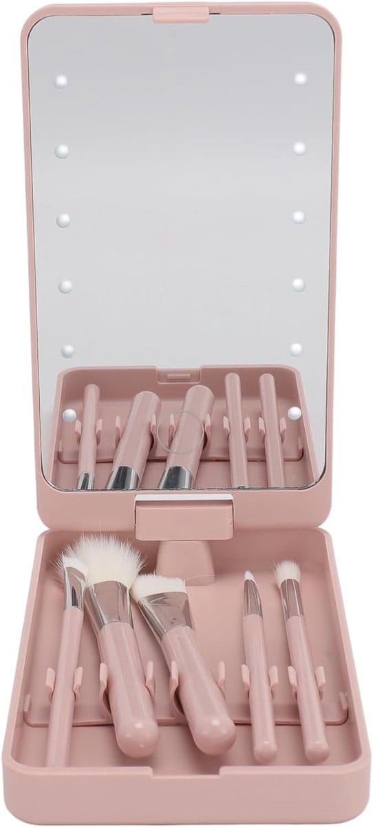 Makeup Borsteldoos met Spiegel - Draaibare LED Makeup Borstelset voor Thuis en Reizen