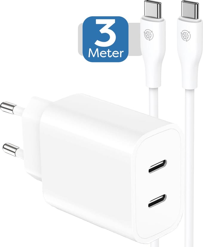 Usb-C Power Adapter 40w 3 Meter Set - Super Fast Charger - Dual Charging - Dubbele usb-C Snellader - Usb C oplader voor smartphone / tablet / laptop / gsm / e-reader / mobiele telefoon