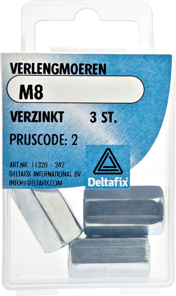 Deltafix verlengmoer verzinkt m8 din 6334 3 st.