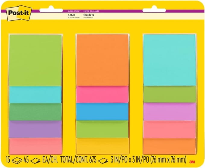 Post-it Super Sticky Memo-blokjes 76 x 76 mm, geel, 12 x 15 vellen