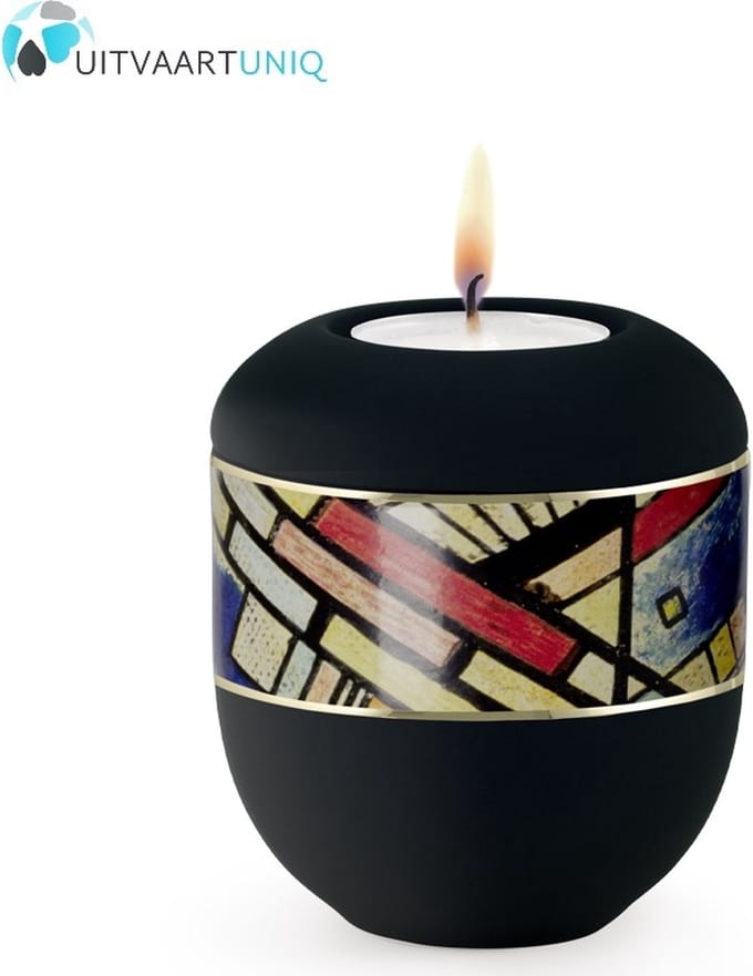 Mini urn modern met lijn motief zwart - met lichtje
