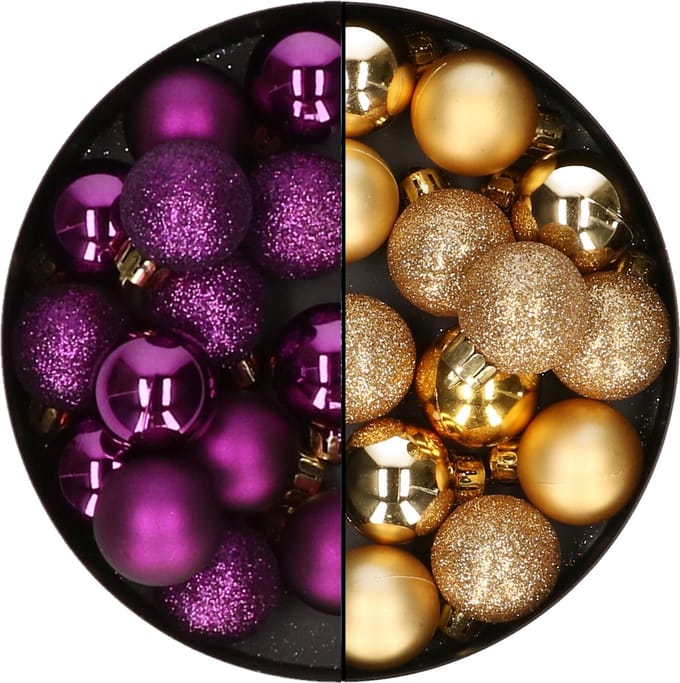 Decoris kleine kerstballen - 28x st - goud en paars - 3 cm - kunststof