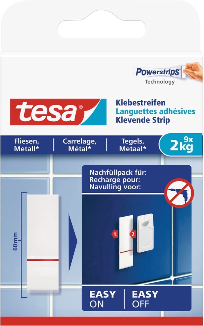 Tesa Powerstrips - 18x st - voor tegels/metaal - plakstrips - dubbelzijdig - zelfklevend - tape - plakkers