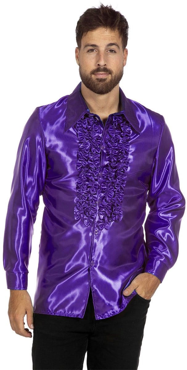 Ruchesblouse satijn paars Kevin - Maat 56
