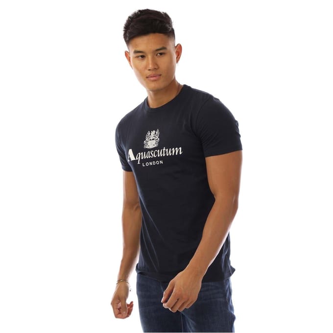 Aquascutum Heren Logo Crew Neck Regular T-shirt (Marine, Wit)