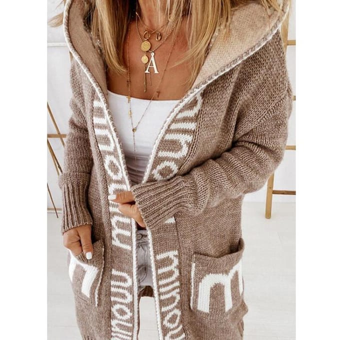 Gebreide trui Herfst Winter Halflang vest Gebreide damestrui met letter en capuchon M brown