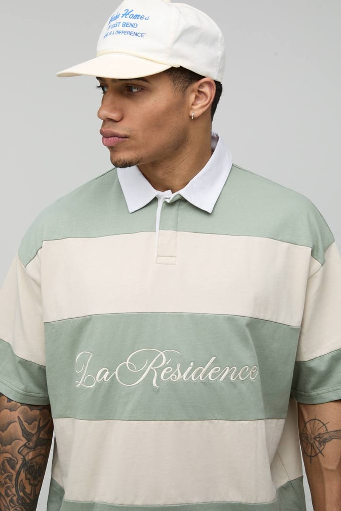 Oversized La Residence Geborduurd Gestreept Rugby Polo | Sage | Size XS