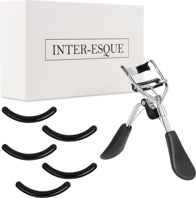 INTER-ESQUE® Wimperkruller Met Kam - Eyelash Curler - 5 Extra Siliconen Pads - Zwart/Zilver
