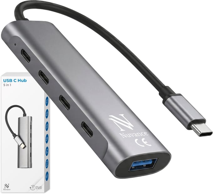 Nuvance USB C Hub - USB Splitter & USB Hub met 5 Poorten - USB 3.0 – 5Gbps - USB C Splitter - Universeel - USB C Dock - Zilver