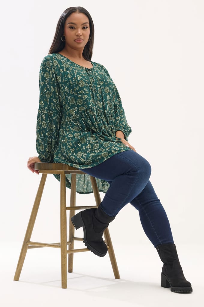 Yours Groene Blouse Met Bloemenprint En Strikhals Size 42