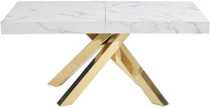 Vente-unique Verlengbare eettafel 6 tot 10 personen van MDF en metaal - Wit marmereffect en goud - CATONAV