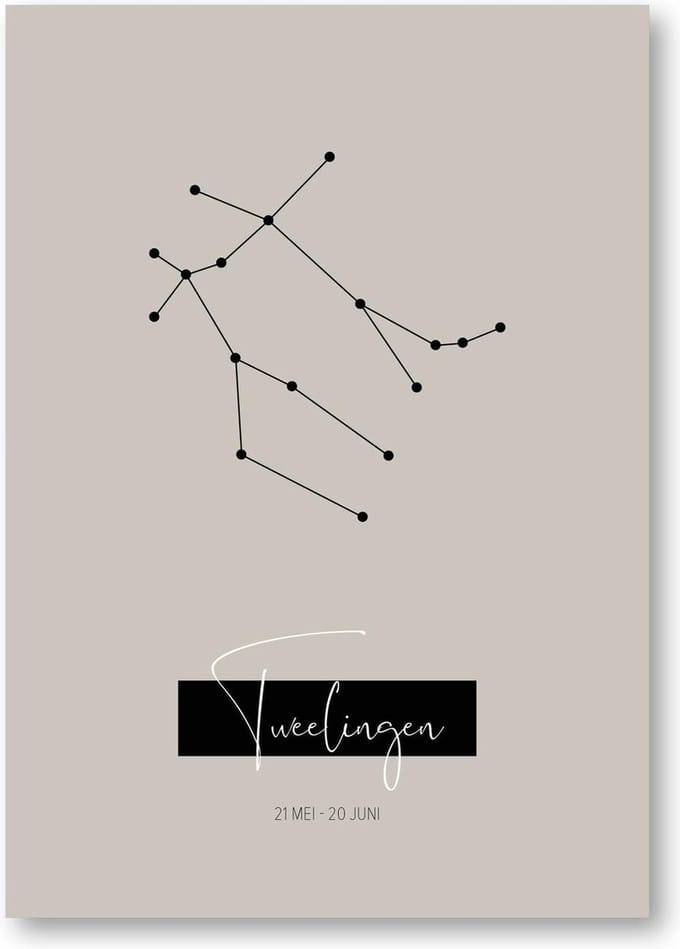 MOODZ design | Sterrenbeeldposter Tweelingen | A3 formaat | warm grijs | naturel