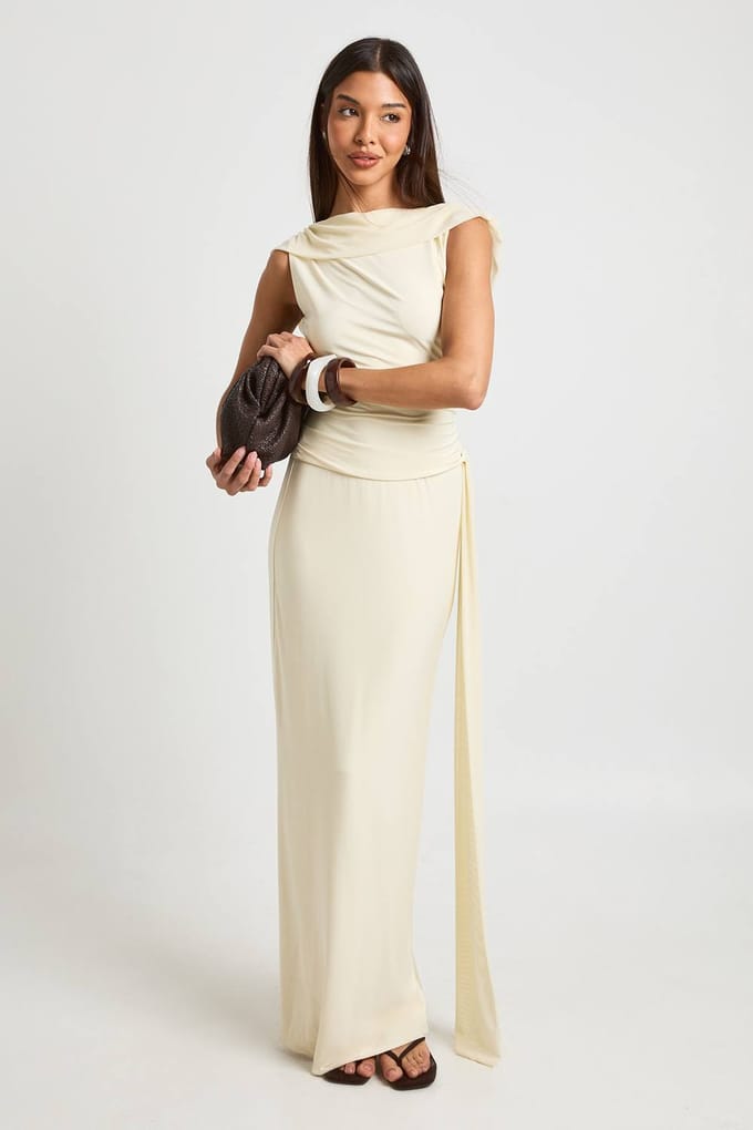 boohoo Dames Slinky Maxi Rok Met Mesh Drapering | Cream | Maat: 8