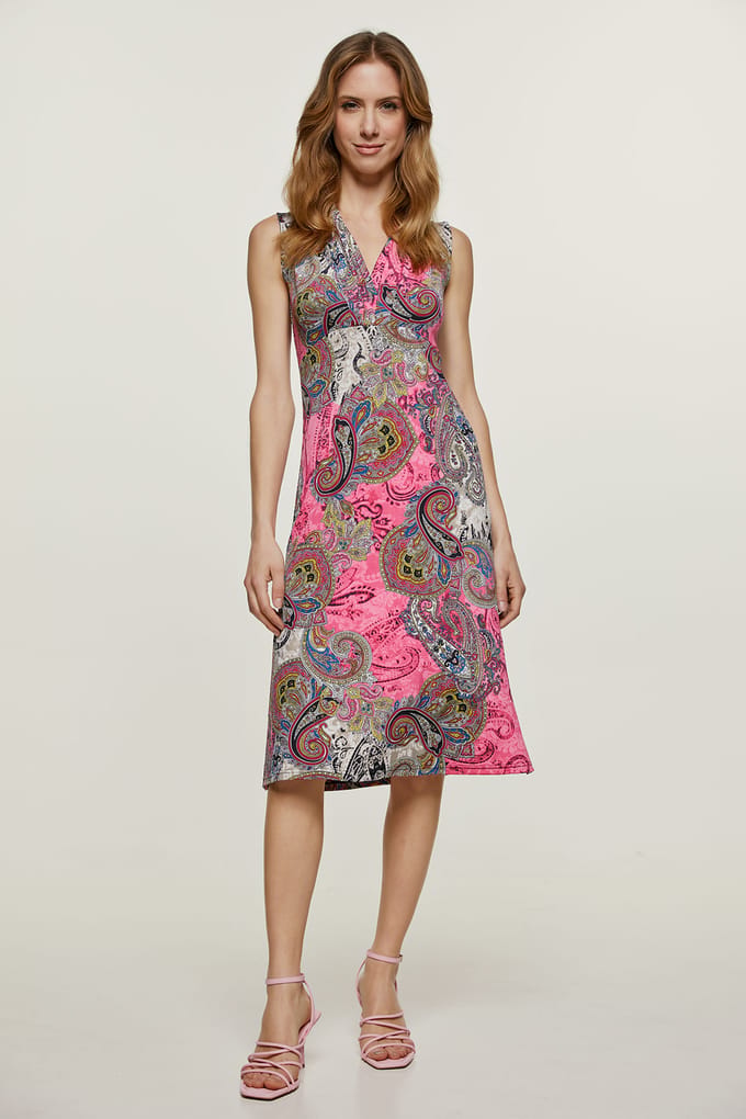 Mouwloze Empire Line-jurk in Fuchsia print