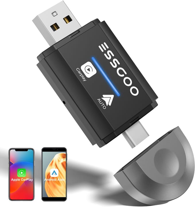ESSGOO 2-in-1 CarPlay Dongle - Draadloos CarPlay Android Auto Android - Auto Dongle - USB-A - USB-C - Plug & Play