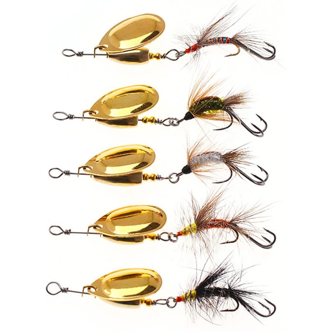 5 stuks Spinner Bait Set Vlieg Strikers Assortiment Vis Spinners Kunstaas met Haak voor Baars Forel goud