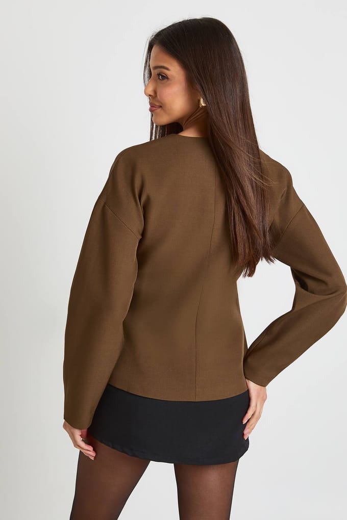 boohoo Dames Gouden Knoop Barrel Mouw blazer | Chocolate | Maat: 6