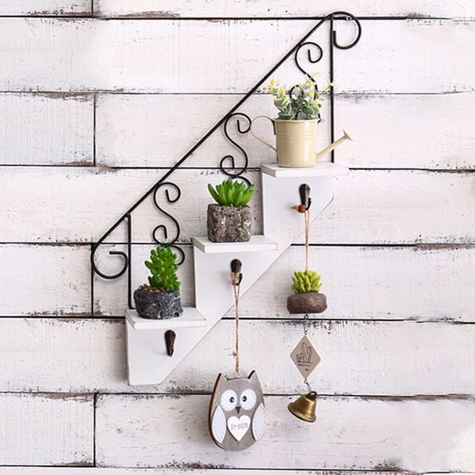 Trap Wandplank Woonkamer Bloemenstandaard IJzer Houten Wandplank black