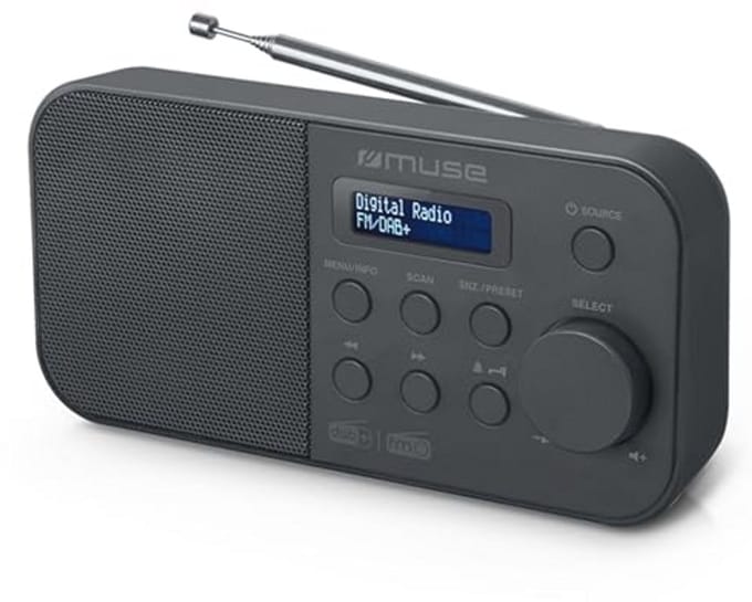 Draagbare zwarte DAB+/FM radio met ingebouwde luidspreker en display