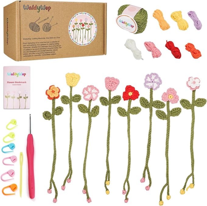 Haakset voor Beginners: 8 Bloem Bookmark Knutselpakket met Zacht Garen en Video Tutorials