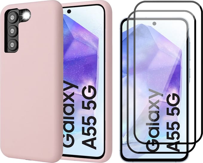 Hoesje geschikt voor Samsung Galaxy A55 - 2x Screenprotector Volledig Dekkend Glas - Mat Back Case Roze