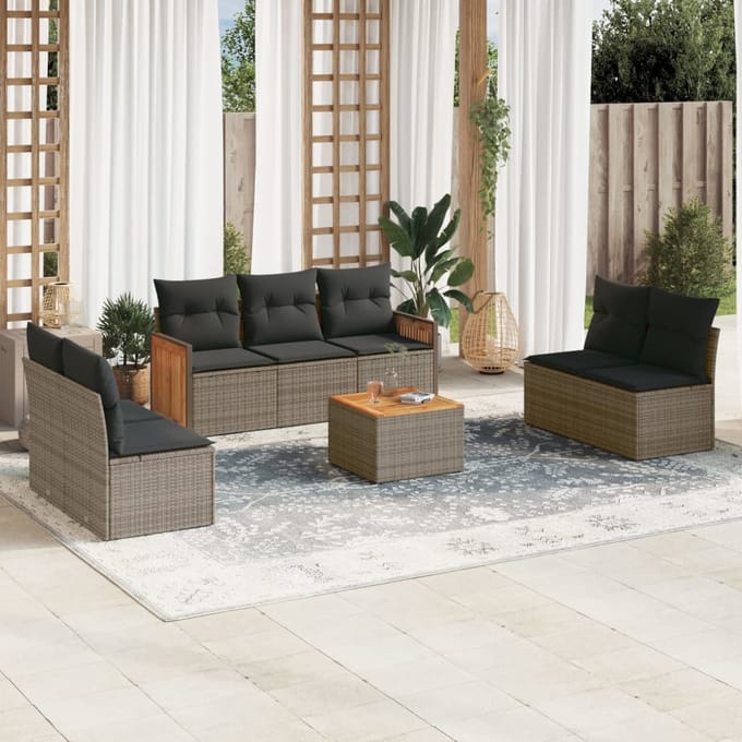 vidaXL - 8-delige - Loungeset - met - kussens - poly - rattan - grijs