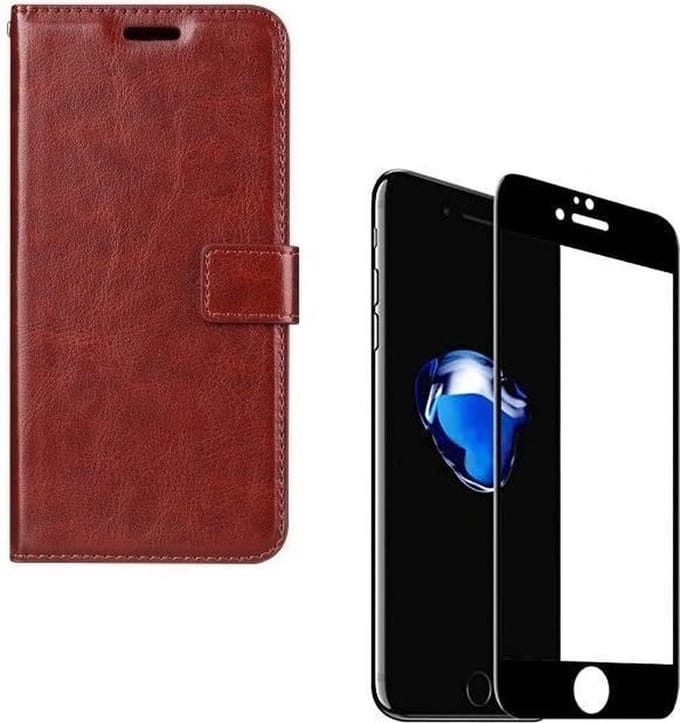 Bookcase Geschikt voor: iPhone 7 Plus / 8 Plus - Bruin - portemonee hoesje + 2X Full cover Tempered Glass Screenprotector