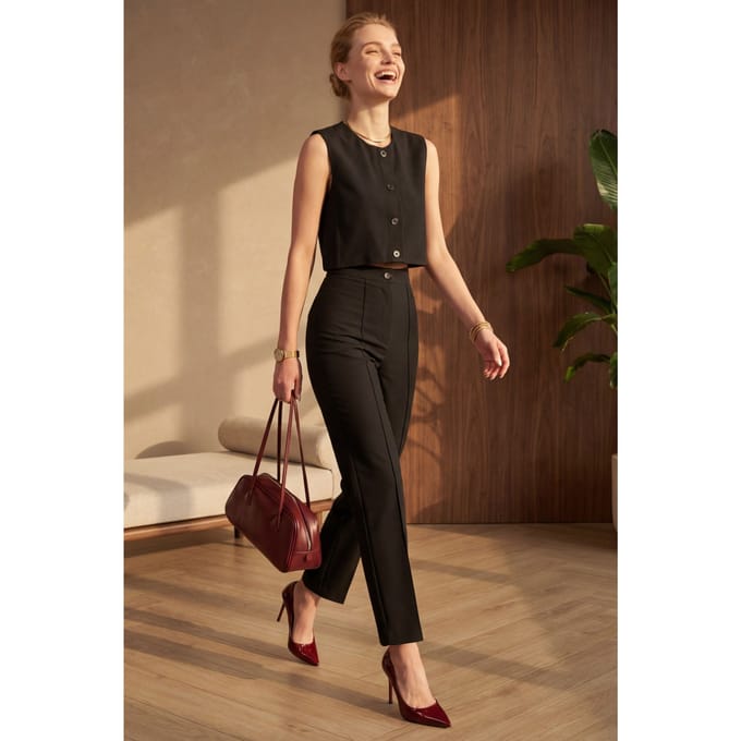Crew Neck Crop Top & Hoge Taille Broek Twee-Stuks Set