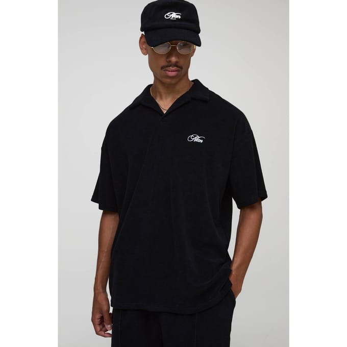 Black Oversized Revere Embroidered Towelling Polo T-Shirt | Size Medium